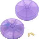 Portable Weekly Pill Organizer 7 Day Pills Container, Round Pill Case Travel Friendly, Daily Week Pill Reminder Case, BPA-Free Vitamin, Supplement, Fish Oil, Medication Planner (Purple)