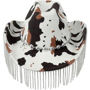 OYOANGLE Women's Cow Print Wide Brim Fringe Hat Beaded Western Cowgirl Hats Y2K Country Concert Outfits (Brown Black White)