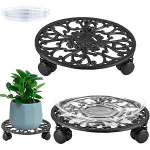 2 Packs 11 Inch Rolling Plant Stand with Wheels Wrought Iron Rolling Plant Stand with Casters Heavy Duty for Indoor Plants Rollers with Plant Saucers, Metal Round Plant Dolly (black)
