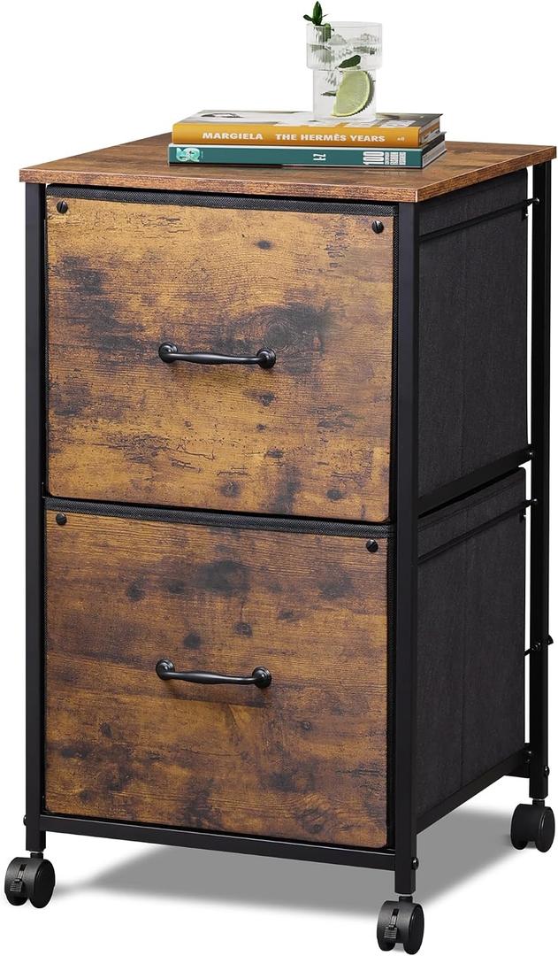 DEVAISE 2 Drawer Mobile File Cabinet, Rolling Printer Stand, Fabric Vertical Filing Cabinet fits A4 or Letter Size for Home Office, Rustic Brown Wood Grain Print, 15.4 inches x 26.8 inches x 15.7 inches
