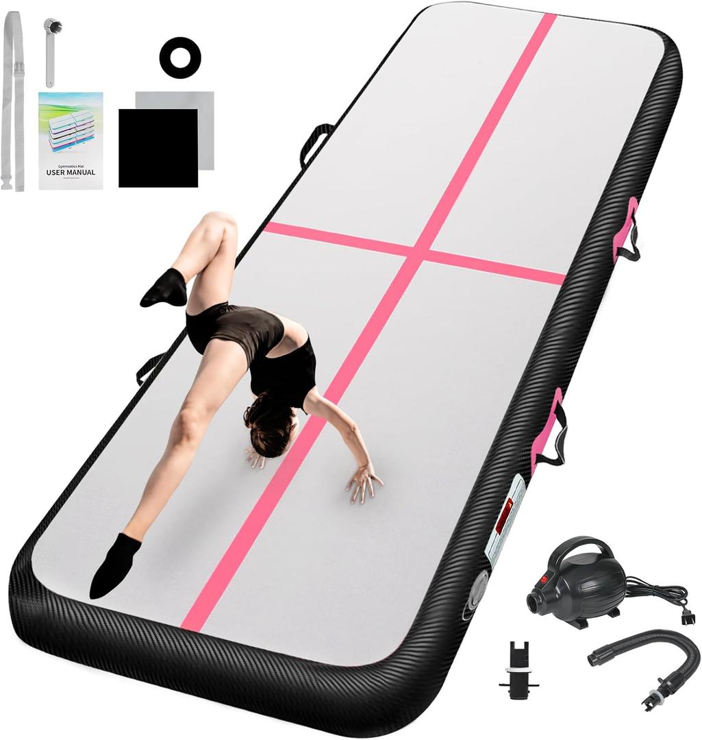 Inflatable Gymnastics Mat 10ft Tumbling Track Mats 4 inches Thick for Home Use/Training/Cheerleading/Yoga/Water with Pump (Pink Black), Size: 10ft*3.3ft*4inch(3m*1m*10cm)