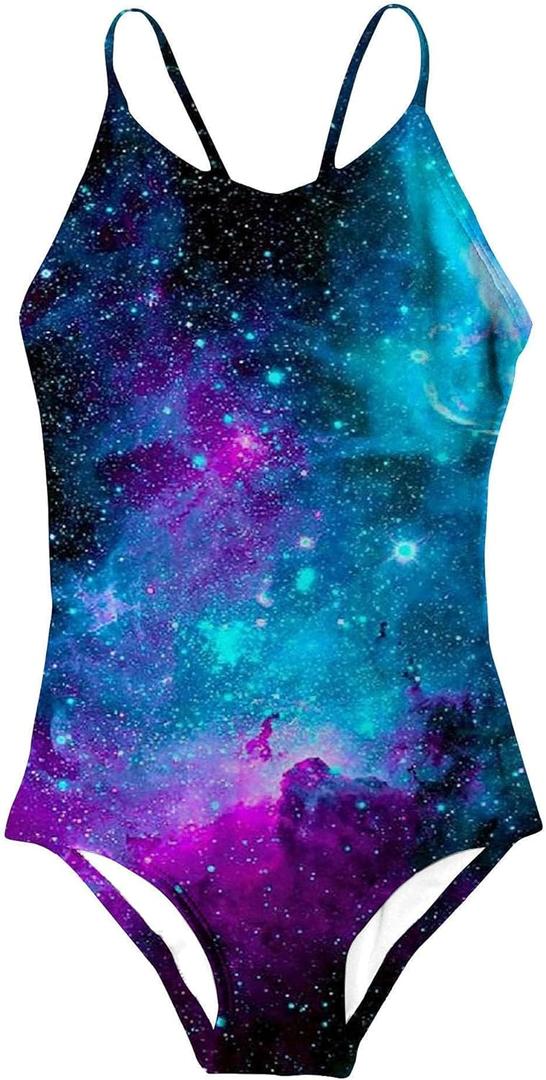 Idgreatim Girls One Piece Swimsuits Quick Dry Beach Swimwear Bathing Suit for Beach 3-12 Years (9-10 Years, Galaxy Blue)