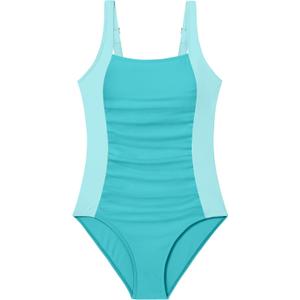 Girl Swimsuit One Piece Bathing Suit for Girls Solid Color Ruched Adjustable Straps Padded Swimwear (13-14 Years, Light Green)