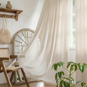 Setaback Boho Curtains 96 Inches Long with Tassels Natural Style, Semi Sheer Linen Light Filtering Rod Pocket for Windows Protect Privacy Patio Decor Backdrops, 52" W x 96" L, Natural, 2 Panels