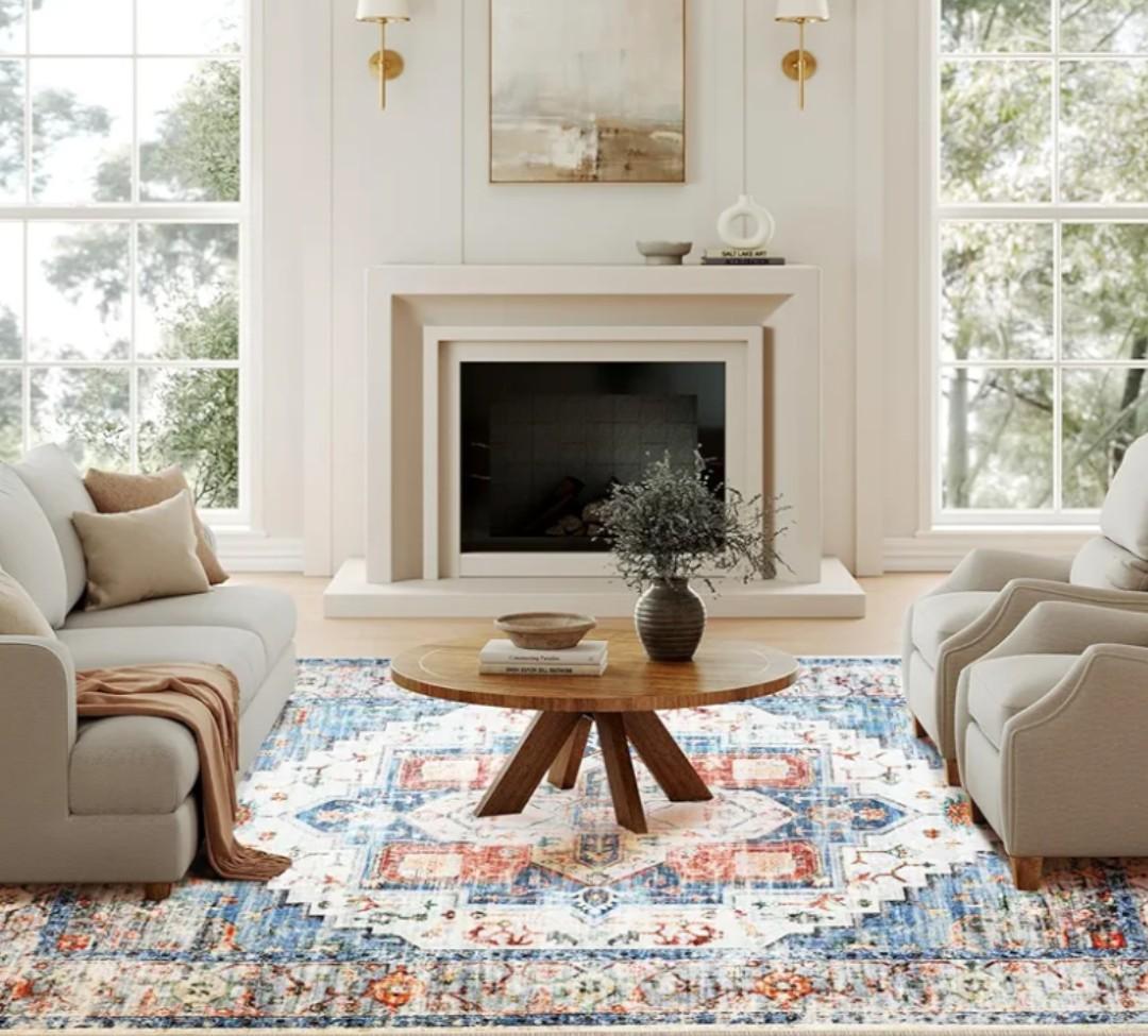 Washable 6x9Area Rugs, Rugs for Living Room, Low-Pile Water&Stain Resistant Carpet Vintage Distressed Printed Non-Slip Carpet for Bedroom Bathroom Kitchen-Blue