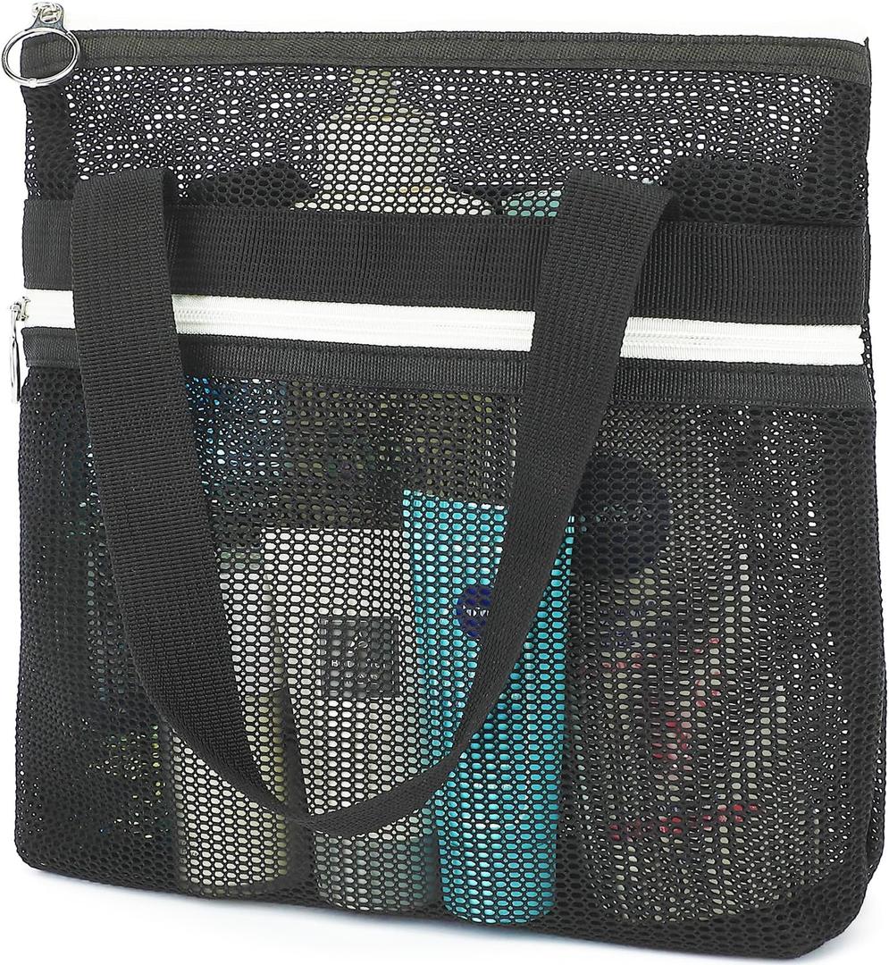 Mesh Shower Caddy Portable with Zipper & 2 Pockets - Quick Dry Shower Caddy Hanging for Travel Gym Camp Beach - Organizer Bag Bathroom Essentials for College Dorm (Zipper Closure - Black)