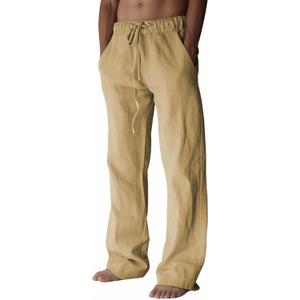 PIDOGYM Mens Cotton Linen Pants, Summer Beach Pants Casual Loose Fit with Elastic Waist Drawstring Large