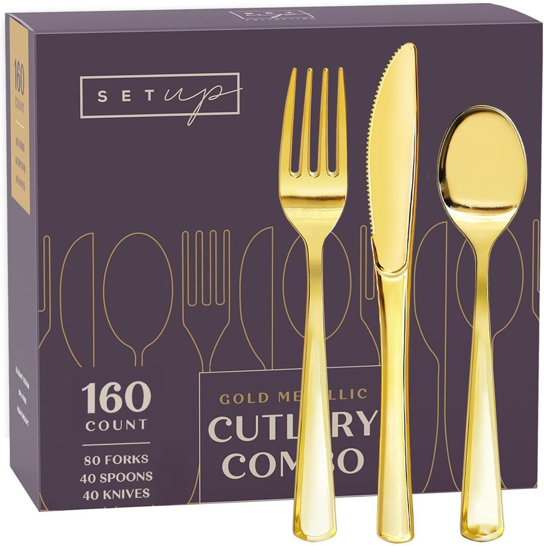 [160 Count] Disposable Silverware, Gold Combo Cutlery - 80 Forks, 40 Spoons, 40 Knives - Heavy Duty, and Durable Gold Plastic Silverware Set Great for Parties, Events and Everyday Use