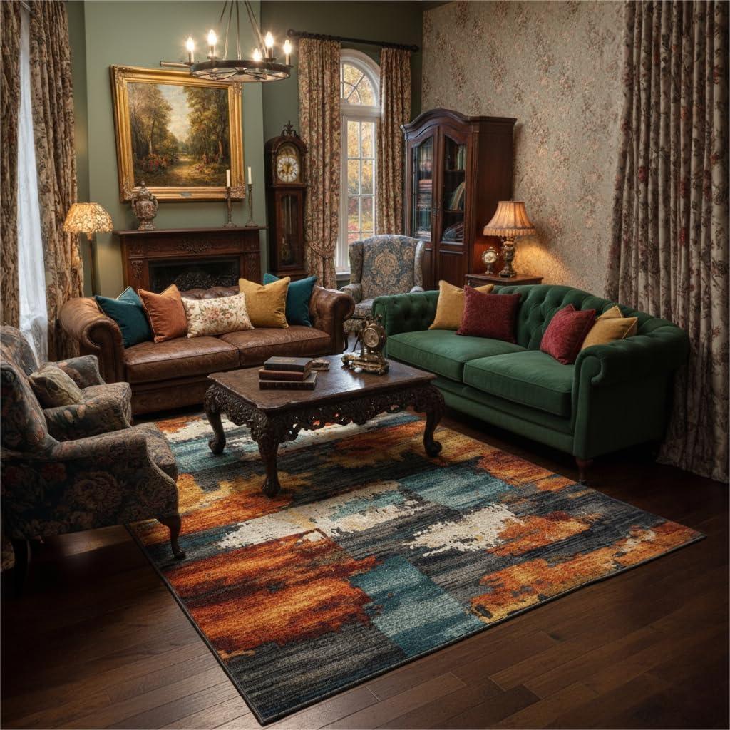 5x7 Area Rug for Living Room,Modern Abstract Burnt Orange Rug,Terracotta and Teal Brushstroke,Washable Rug,Non Slip, Bedroom, Dining Room, Home Office (Orang1)