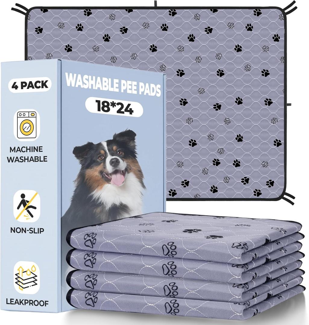 Fostanfly Washable Pee Pads for Dogs, Ultra-Absorbent & Leakproof Reusable Puppy Pads Non-Slip Protects Against Urine Leakage for Potty Training-4 Pack 18"x24" Add 8 Lanyards