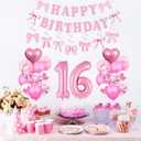 Pink Bow 16th Birthday Decorations for Girls, Sweet Bow Themed Happy Birthday Party Supplies Set Including Happy Birthday Banner, Number 16 Foil Balloons, Sweet Bow Balloons and Hanging Swirls