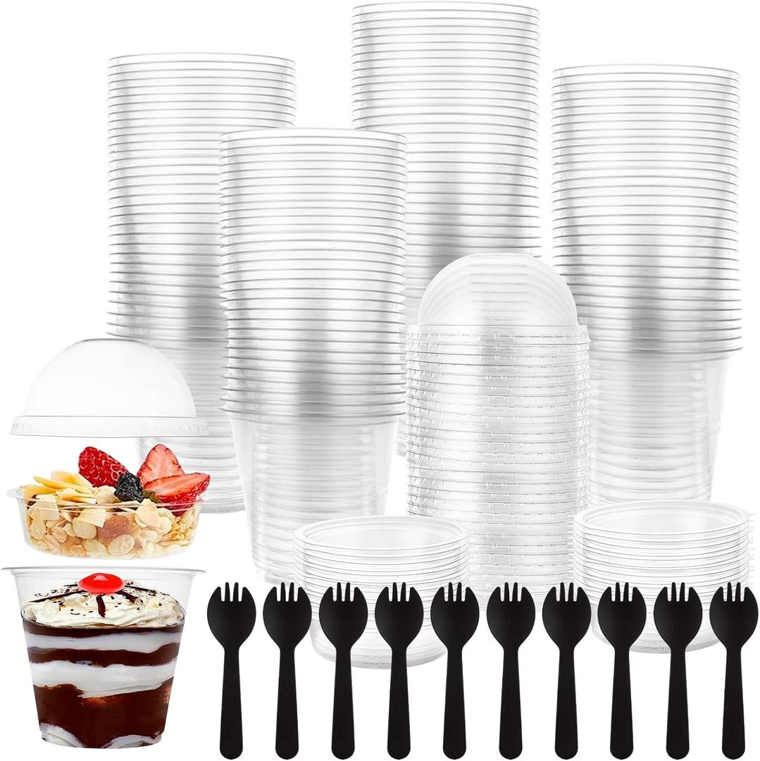 YOUNTHYE 100 Set Parfait Cups with Lids Disposable Yogurt Parfait Cups 9oz Dessert Cups with Dome Lids and Spoons Plastic Parfait Cups Clear Parfait Conatiners for Cupcake, Fruit, Mousse, Pudding