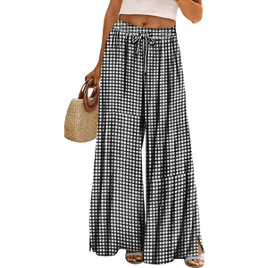 YESNO Women Summer Boho Palazzo Pants High Waist Wide Leg Floral Casual Cotton Lounge Trousers with Pockets 2XL PP0 Plaid Black