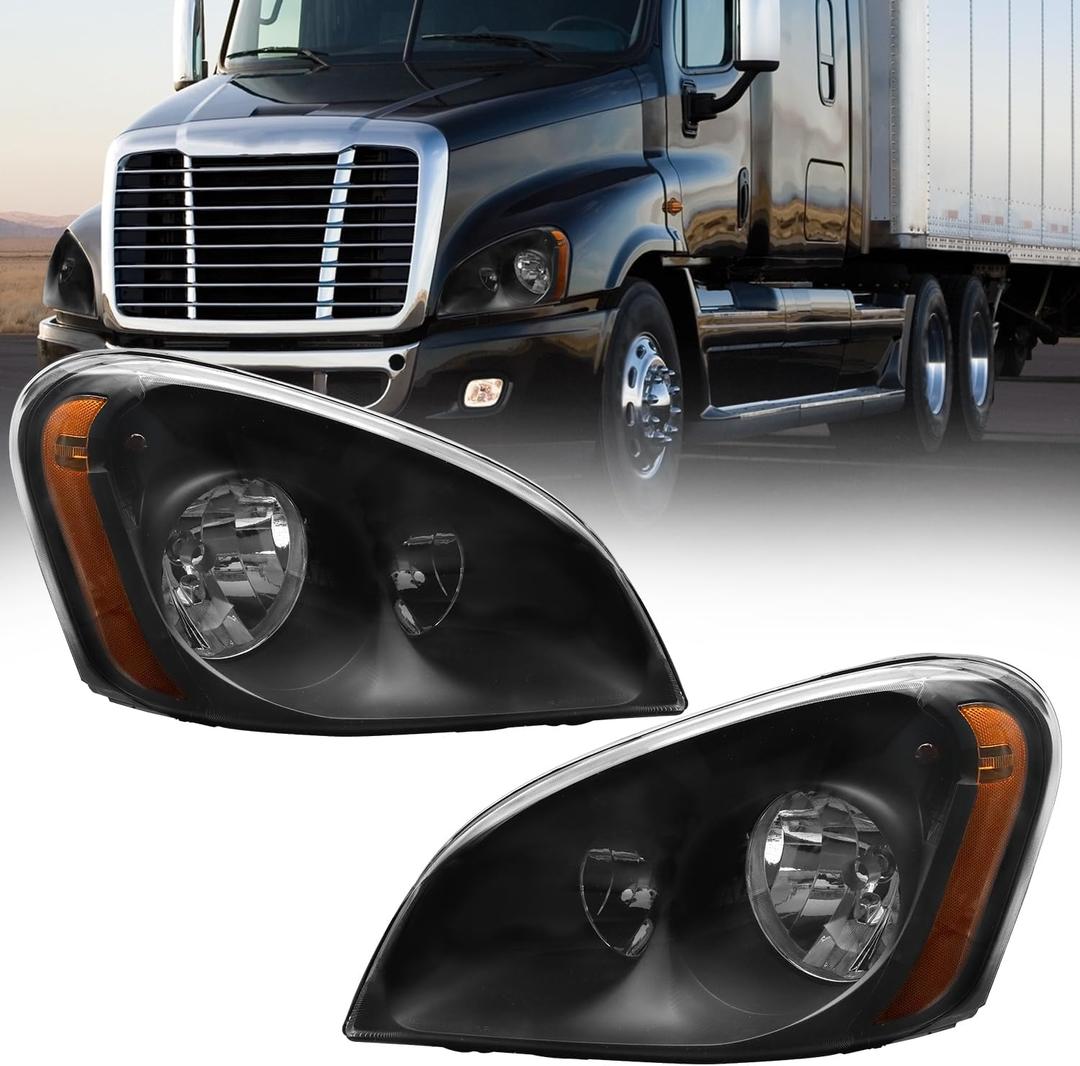 Headlights Assembly Fit For 2008-2016 Freightliner Cascadia,Black Housing Headlamps,Left and Right Pair Set, Including Halogen bulbs | Sunhua Left and Right side headlights assembly Fit for 2008-2016 Freightliner Cascadia