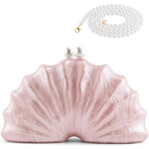 Women Acrylic Shell Shaped Clutch Luxury Marble Acrylic Chain Shoulder Bag Wedding Party Purses (Cherry Blossom Pink)