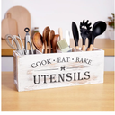 Utensil holder for Kitchen Counter Large Round Utensils Holder with Wooden Base Matte Black Cooking Utensil Holder, Kitchen countertop Utensil Organize (White-4 Compartments)