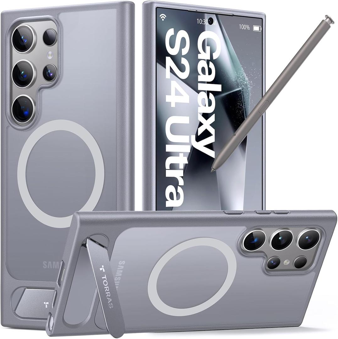 TORRAS Strong Magnetic & Seamless Stand for Samsung Galaxy S24 Ultra Case, Fit for MagSafe, Mil-Grade Drop Protection, Kickstand for Samsung Galaxy S24 Ultra Case, Translucent Back/Gray Edge