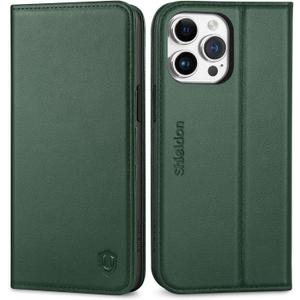 SHIELDON Case for iPhone 15 Pro Max 6.7" 5G, Genuine Leather Wallet Book Magnetic Cover RFID Blocking Credit Card Holder Kickstand Shockproof Case Compatible with iPhone 15 Pro Max - Evergreen