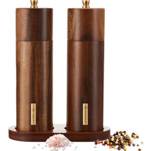 Wooden Salt and Pepper Grinder Set 8 Inch Manual Salt and Pepper Mill with Tray Adjustable Coarseness Refillable Wood Grinders with Gold Bottle Label for Kitchen Christmas Home Gift(Wood Color)