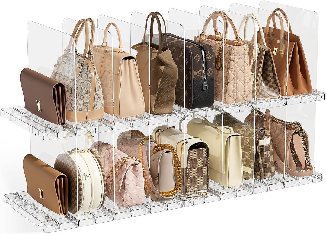 JOYZAN Stackable Purse Organizer for Closet, Adjustable Shelf Dividers for Closet Organizer Clear Acrylic Closet Purse Organizer Detachable Handbag Storage Separator Dividers for Home, Office  4 Pack