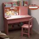 Wooden Pink Kids Study Desk and Chair Set with Light, Charging Station and 2 Drawers, Children Desk with 3 Open Hutch and Shelves, Girls Study Desk for Kids Bedroom-001