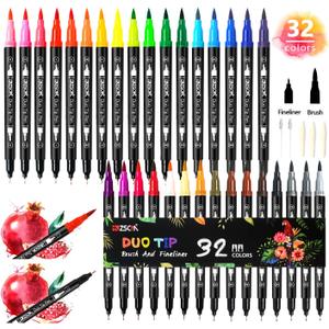ZSCM 32 Colors Duo Tip Brush Markers Art Pen Set, Artist Fine and Brush Tip Colored Pens, for Adult Coloring Books Christmas Cards Drawing, Note taking Lettering Calligraphy Journaling