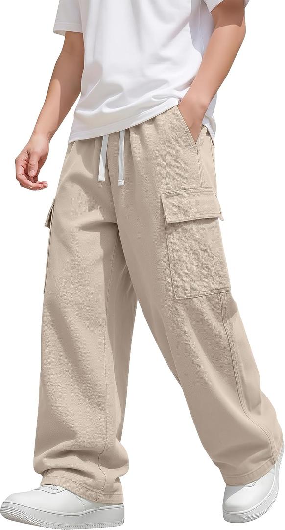Boys Uniform Cargo Pants Cotton Baggy Chino Pants Teen School Dress Trousers with 4 Pocket (Beige, 10-11Y)