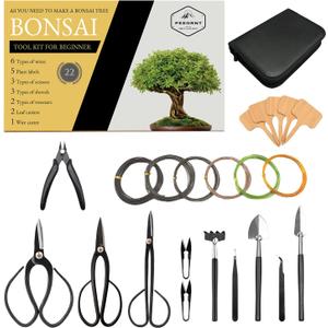Bonsai Tree Tools Kit, 22 PCs Bonsai Tools Set High Carbon Steel Trimming Tools Set Include Pruning Shears, Cutters, Training Wires, Bonsai Grooming Care Kit for Beginner Gardening Gifts