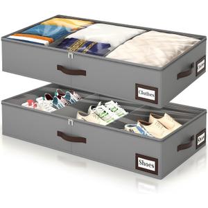 OIAHOMY 2 Pack 53L Under Bed Storage with Adjustable Dividers, 6" Low Profile Underbed Storage Bins for Comforters & Clothes, Save Closet Space with Clear View Lid & Reinforced Handles, Grey