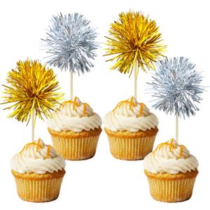 Gyufise 30Pcs Foil Firework Cupcake Toppers Sparkle Tinsel Cake Toppers Tinsel Drink Cake Decoration Cocktail Picks for Birthday Wedding Graduation Party Supplies Gold Silver