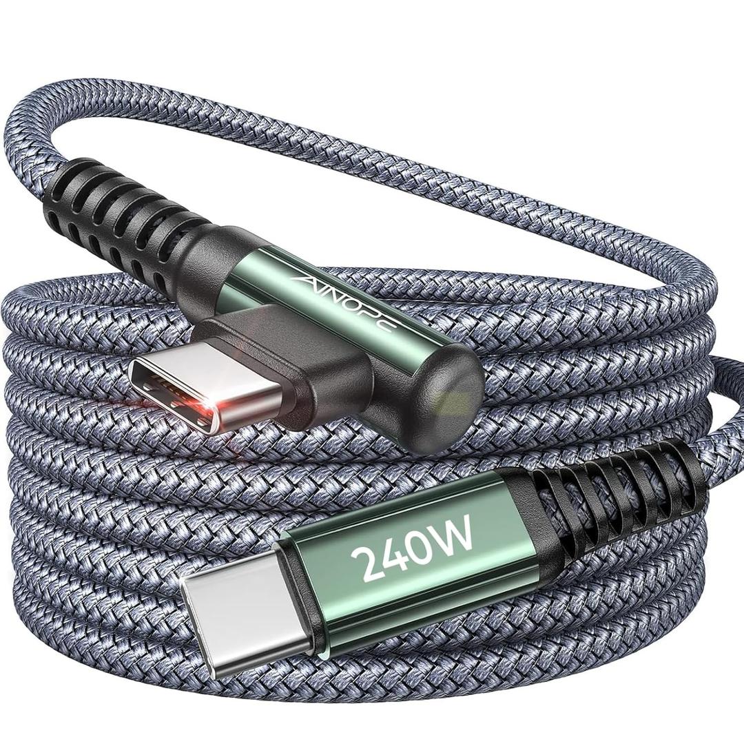 AINOPE 240W USB C to USB C Cable [10FT] Right Angle C to C Cable Fast Charging,USBC to USBC iPhone 17 Charger Cord Type C Fits iPhone 16 15 Pro Max Plus,MacBook Air/Pro,iPad Pro,Samsung S25,Pixel,iPad (Grey)