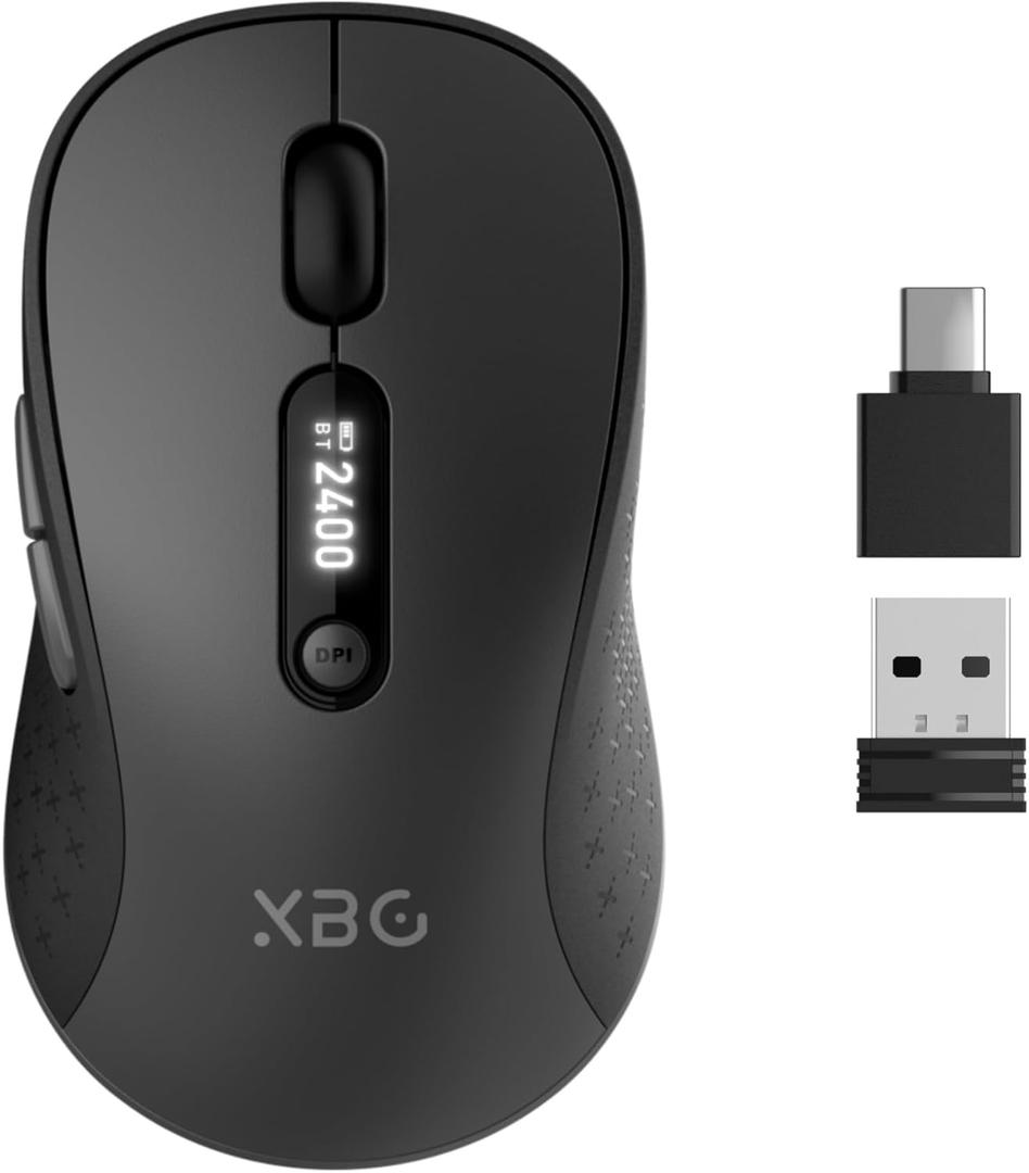 XBG B15pro Wireless Bluetooth Mouse, Bluetooth 5.0/4.0 & 2.4G Tri-Mode, Type-C Rechargeable with LED Screen Display, Ergonomic Silent Click for Laptop/PC/Tablet, Multi-Device & Office Use