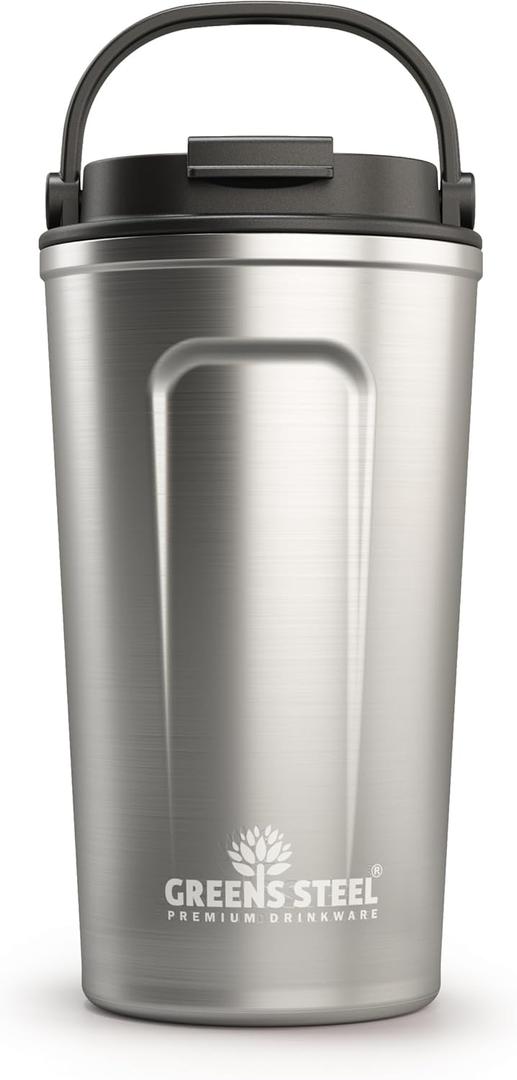 Reusable Coffee Cup with Lid and Handle - Stainless Steel Insulated Coffee Mug for Hot & Cold Drinks - Ideal Travel Mugs - 100% Leak-Proof Tumbler - 16 oz Steel