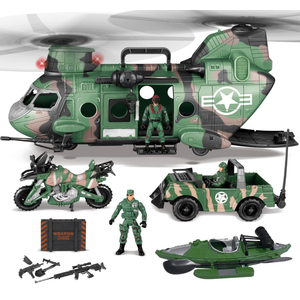JOYIN 10in1 Military Helicopter Toys Set with Light, Sound, Trucks, Boat, Bike, Army Men, Weapons  Christmas Birthday Party Gifts for Kids