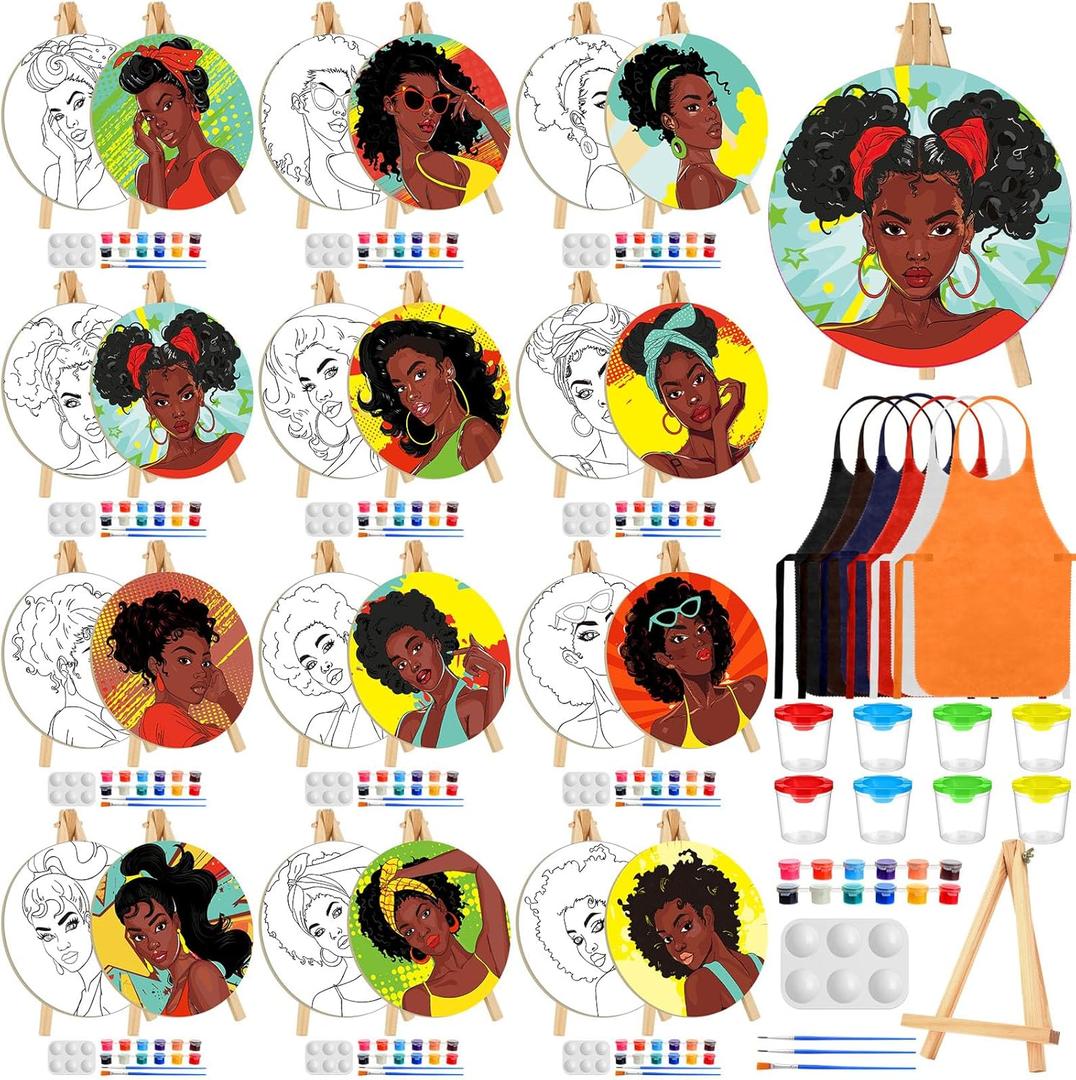 Supervitae 96 Pcs Pre Drawn Canvas Kit for Painting Adults Sip and Paint Kit 5.9 Inch Round Pre Printed Canvas Painting for DIY Birthday Gifts Adult Date Party Favor