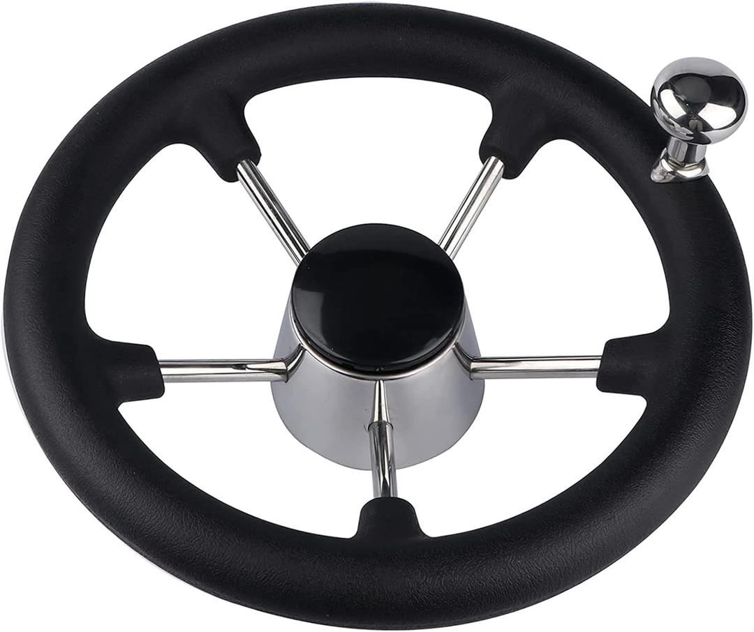 Boat Steering Wheel, 11 inch Stainless Steel Marine Steering Wheel Adapter Fit 3/4" Tapered Shaft, 5 Spoke Black PU Foam Anti-Slip, Destroyer Style with Control Knob for Boats, Yachts, Pontoon Boats