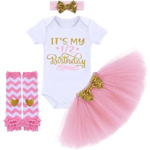 OBEEII Baby Girl 1/2 1st 2nd Birthday Outfit Short Sleeve Romper Tutu Skirt Headband Leg Warmers Set Cake Smash Photoshoot (6 Months, Pink 6 Months)