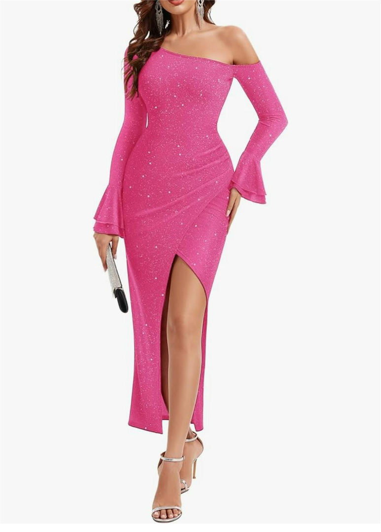 Wedtrend Women's Formal Dresses One Shoulder Sequin Wedding Guest Dress Maxi Evening Gowns Sparkly Cocktail Dresses, M