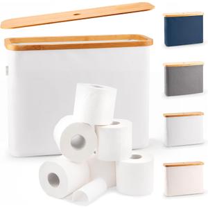 Lonbet Toilet Paper Storage for 12 Rolls, Stackable & Foldable - The Ultimate Bathroom Organizer - Waterproof Basket with Bamboo Lid - Elegant Toilet Paper Storage Holder, Light Gray (Light Grey)