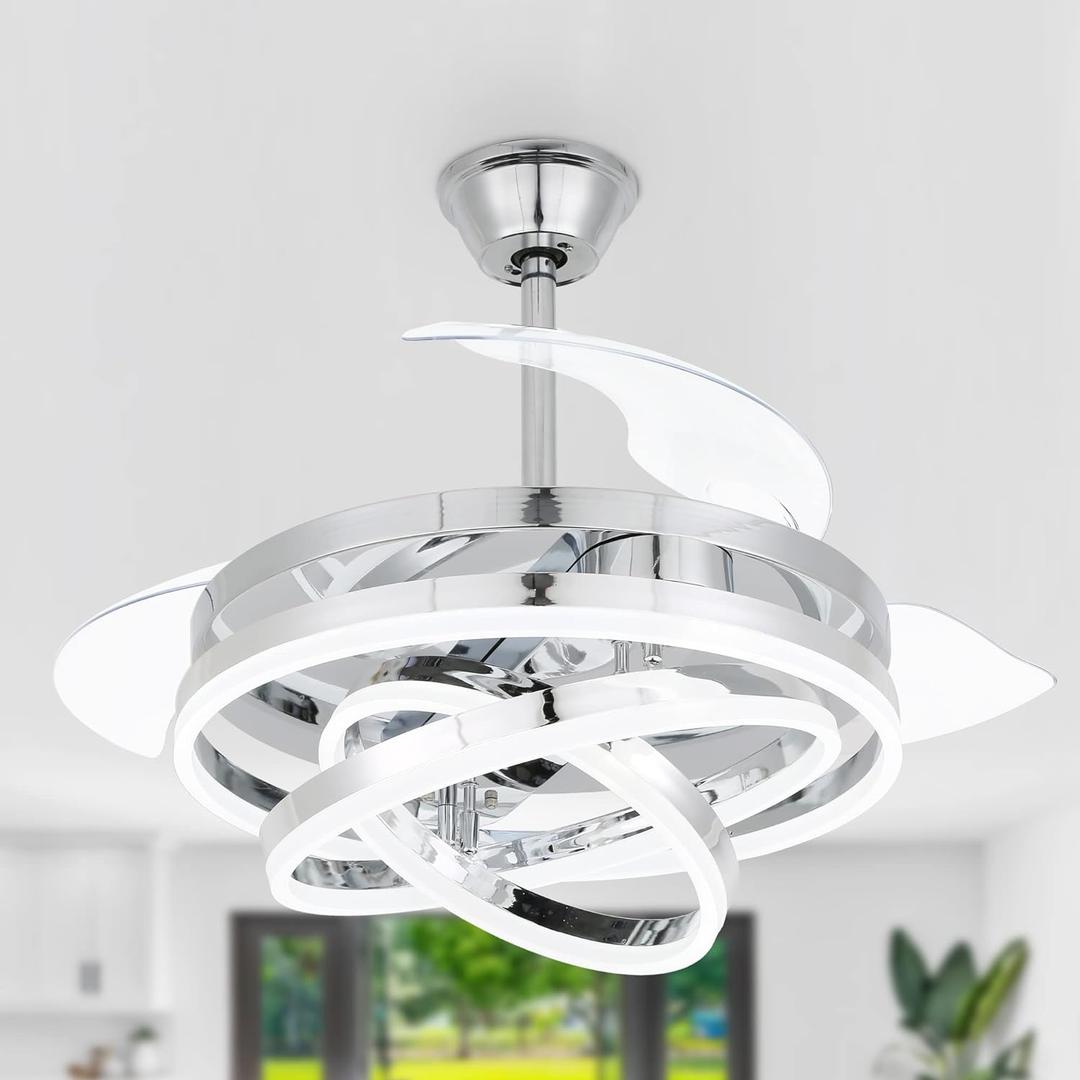42 Inch Retractable Ceiling Fan, Modern Ceiling Fans with Lights and Remote, Silent DC Motor Color Changing, Chrome Retractable Chandelier Ceiling Fan with Lights for Bedroom (Silver)