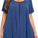 MONNURO Womens Summer Tops Plus Size Tops Short Sleeve Pleated Shirts Swing Blouse Tunic Tops for Curvy Women (Blue, XL)