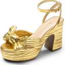 DREAM PAIRS Women's Chunky Platform Heels Sandals Pleated Bow Knot Ankle Buckle Strap Heeled Sandals Open Toe Comfortable Wedding Party Dress Shoes (6.5, Gold)