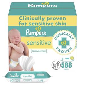 Pampers Baby Wipes Sensitive, Water Based Wipes, Hypoallergenic and Unscented for Babies, 588 Wipes Total (7 Refill Packs) (84 Count (Pack of 7))
