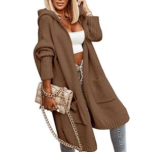 Aoysky Womens Long Cardigans Cable Knitted Open Front Oversized Hooded Outerwear Sweater Coat Brown S
