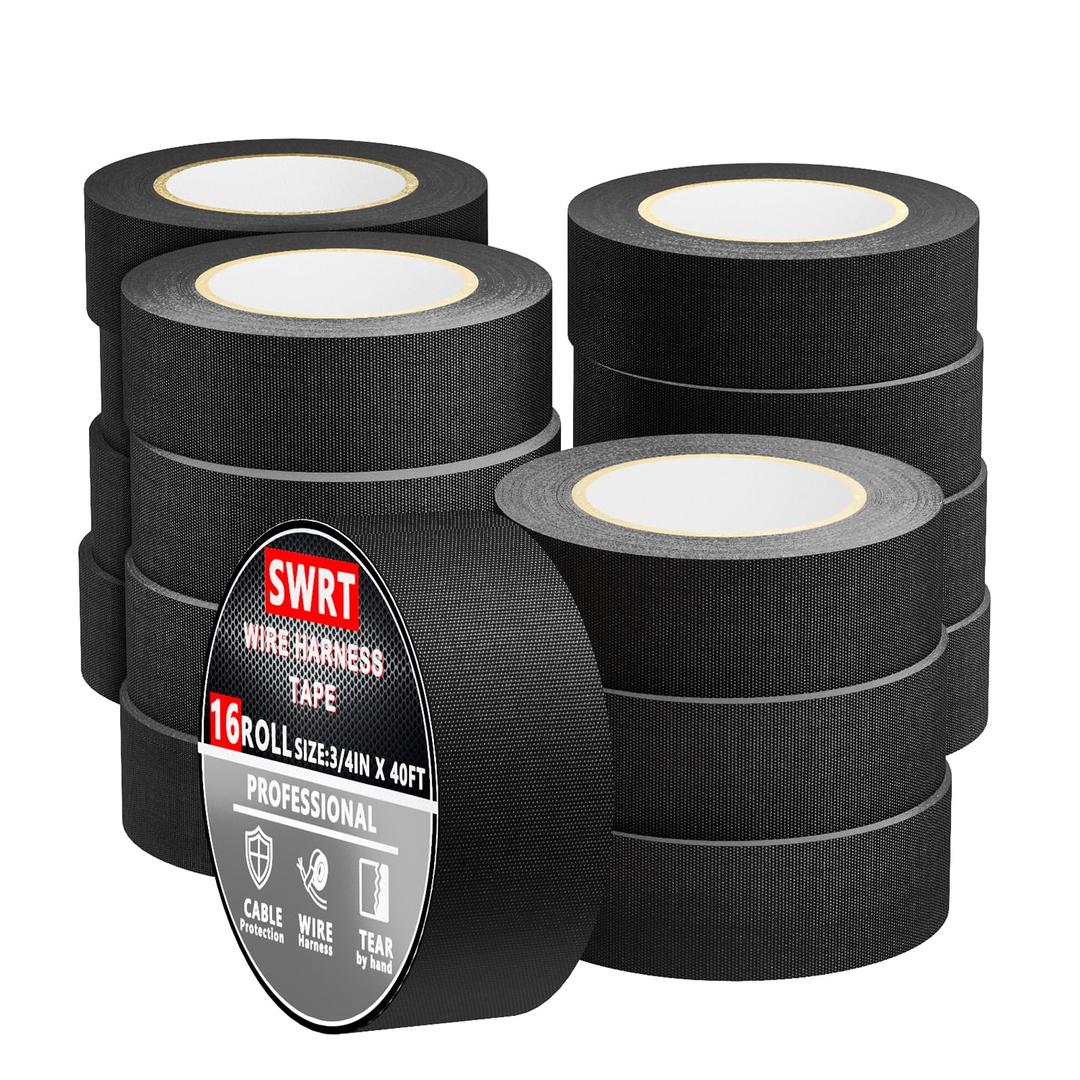 SWRT Wire Harness Tape, 3/4 Inch  40 Feet, 16 Packs (640 Feet Total), Self-Adhesive Black Cloth Electrical Tape for Automotive Use, Fabric Tape Wire Wrap, High Temperature Resistance.
