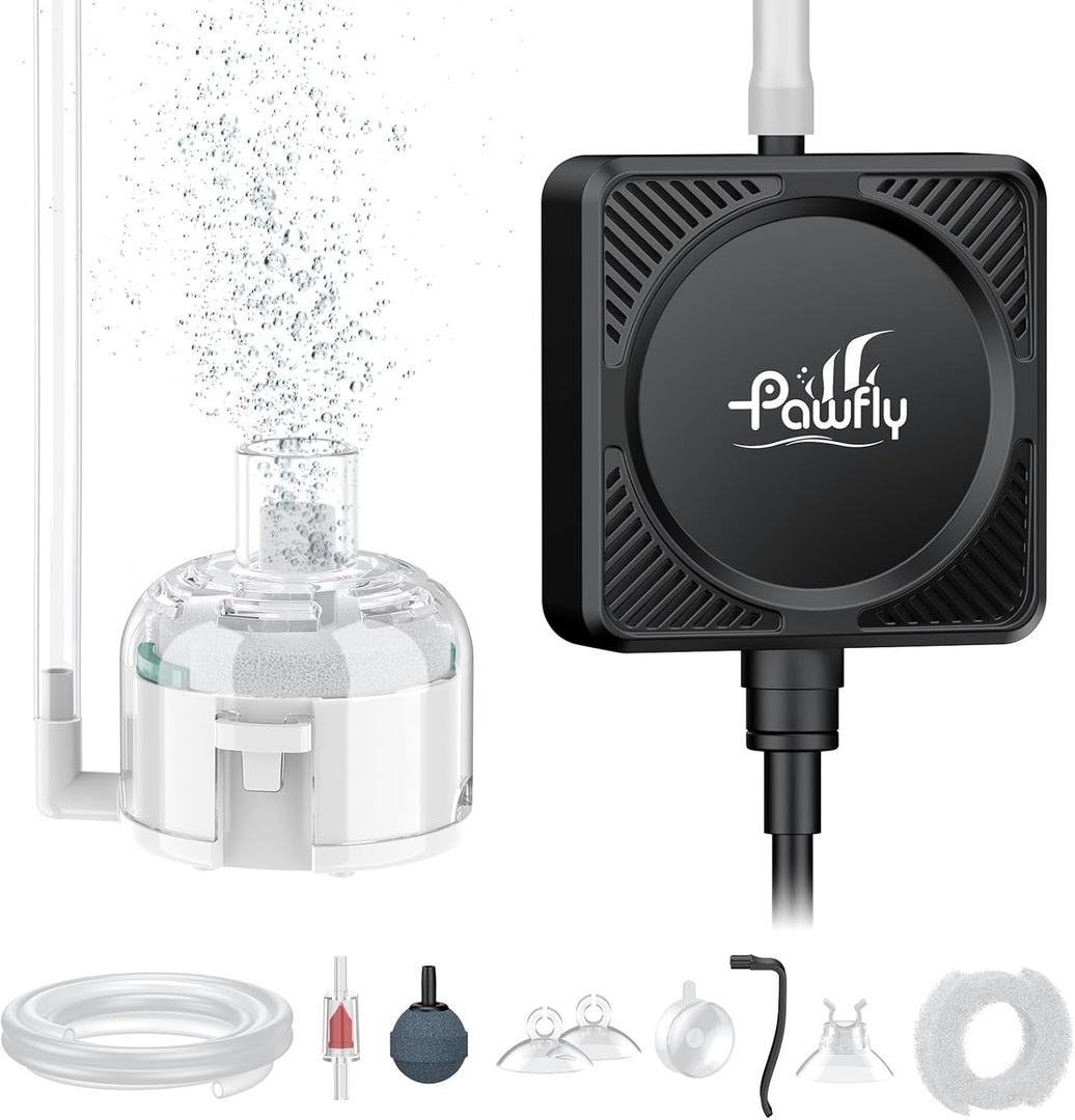 Pawfly Mini Aquarium Air Pump, Ultra Quiet Oxygen Aerator Kit for 1-15 Gallon Fish Tanks with Air Tubing, Air Stone, Check Valve & Suction Cups
