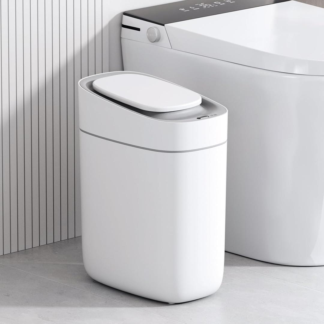 ELPHECO Automatic Bathroom Trash Can with Lid 2.5 Gallon Slim Sensor Garbage Can, 9L Narrow Plastic Trash Bin, Waterproof Motion Sensor Trash Bin for Bedroom, Living Room, Narrow Space (White)