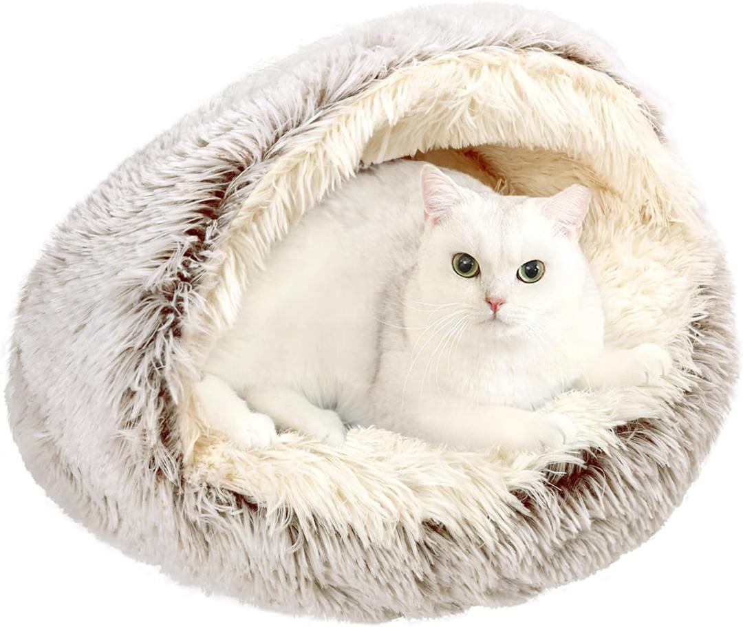Calming Cat Beds, Fluffy Plush Round Cat Cave Washable, Cozy Warming Anti-Slip Small Dog Bed for Puppy and Kitten, Soft Anti Anxiety Pet Nest (2424 inch, Coffee)