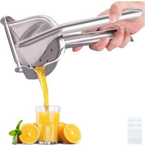 Real Stainless Steel Lemon Squeezer Citrus Juicer Hand Press Heavy Duty Manual Squeeze Juice Extractor Maker Orange Lime Grapefruit Presser - Bonus 50 Pcs Filter Bags (Large, silver)