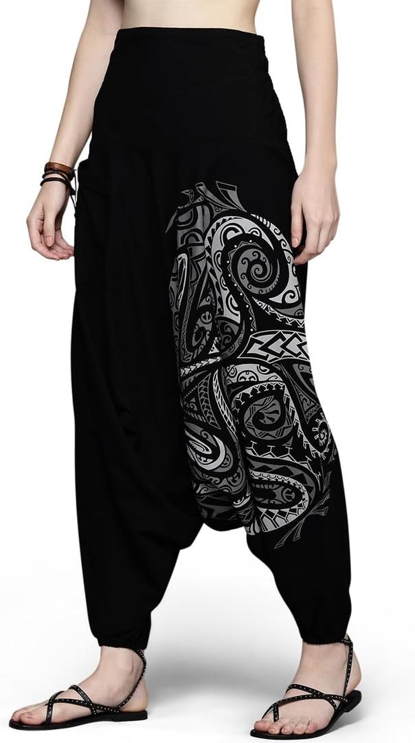 The Veshti Company Women's Printed Summer Harem Pants, Cotton Boho Hippie Casusal Oversized Palazzo Pant for Women (X-Large, Quantum Shadows Black-grey)